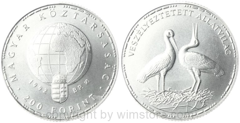 ungarn, 200 forint 1992, bedrohte tierwelt europäische weißstörche, km 688, silber