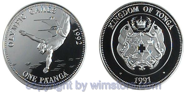 Tonga, 1 Pa´anga 1991, Turmspringer, KM 140, Silber, PP, mit Kapsel