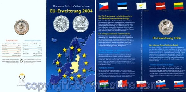 2. Republik, 5 Euro 2004, EU Erweiterung, Silber, handgehoben, Blister