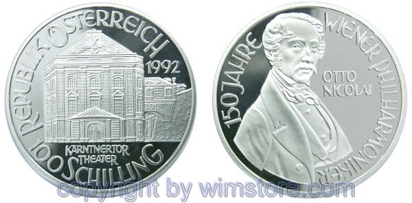 2. Republik, 100 Schilling 1992, Otto Nicolei, Silber, PP, mit Kapsel, Etui und Zertifikat