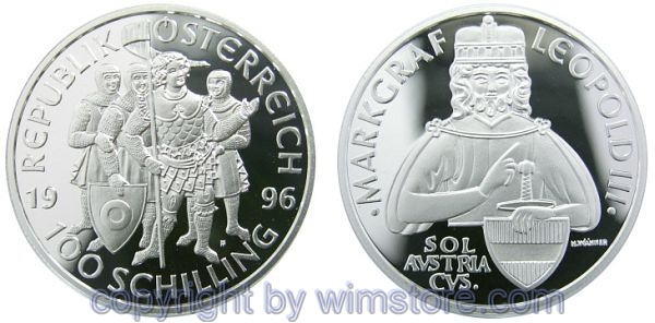 2. Republik, 100 Schilling 1996, Markgraf Leopold III., Silber, PP, OVP