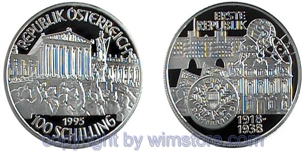 2. Republik, 100 Schilling 1995, Erste Republik, Silber, PP, mit Kapsel