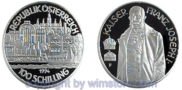 2. Republik, 100 Schilling 1994, Franz Josef I., Silber, PP, mit Kapsel
