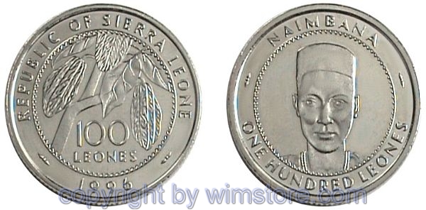 Sierra Leone, 100 Leones 1996, Kakaobaum, KM 46, Nickel-Stahl