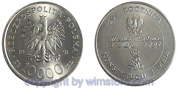 Polen, 10000 Zlotych 1991, Verfassung, Y 217, Stahl-Ni-galvanisiert, -st