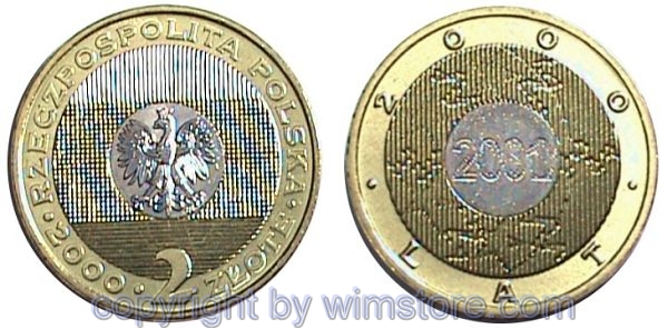 Polen, 2 Zlote 2000, Christliche Jahrtausenwende, Y 374, Alu/Bro-Ku/Ni