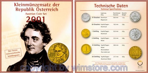 2. Republik, Kursmünzsatz 2001, Johann Nestroy, 6 Werte, hgh