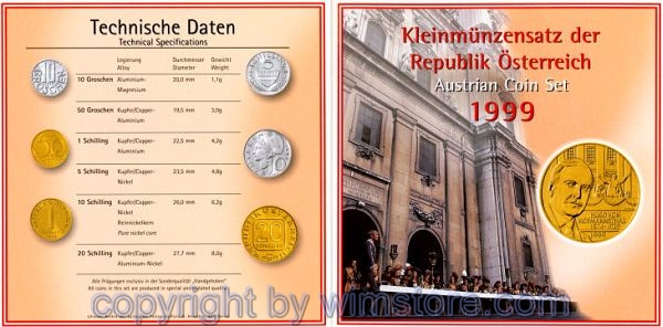2. Republik, Kursmünzsatz 1999, Hugo von Hofmannsthal, 6 Werte, hgh, Blister