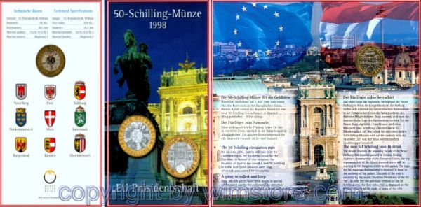 2. Republik, 50 Schilling 1998, Eu-Präsidentschaft, KM 3050, Bi-Metall, hgh, Blister