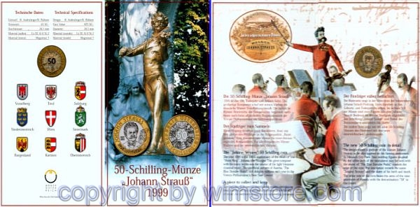 2. Republik, 50 Schilling 1999, Johann Strauß, KM 3061, Bi-Metall, hgh, Blister