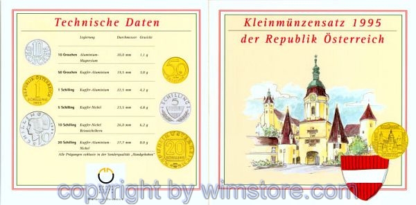 2. Republik, Kursmünzsatz 1995, Krems, 6 Werte, hgh, Blister