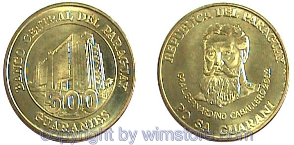 Paraguay, 500 Guaranies 1997, 1998, 2002, 2005, Nationalbank, KM195, Stahl-Messing plattiert, st