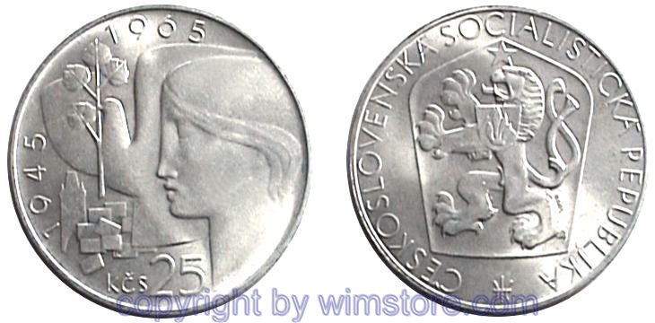 Tschechoslowakei, 25 Korun 1965, 20 Jahre Befreiung, KM 59, Silber