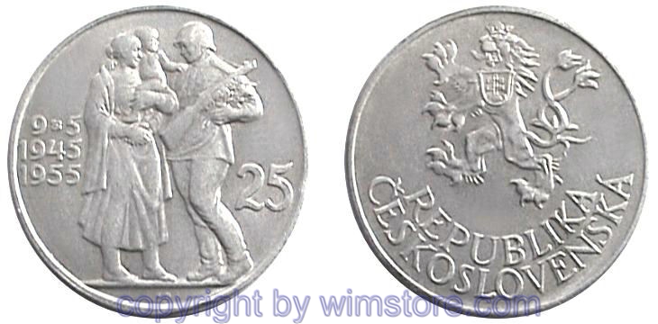 Tschechoslowakei, 25 Korun 1955, 10 Jahre Befreiung, KM 43, Silber