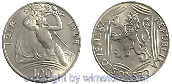 Tschechoslowakei, 100 Korun 1948, 30 Jahre Unabhängigkeit, KM 27, Silber