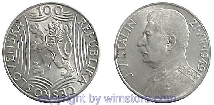 Tschechoslowakei, 100 Korun 1949, Josef Stalin, KM 30, Silber
