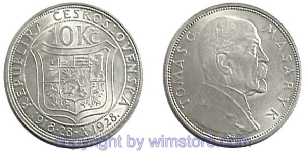 Tschechoslowakei, 10 Korun 1928, Masaryk, KM 12, Silber