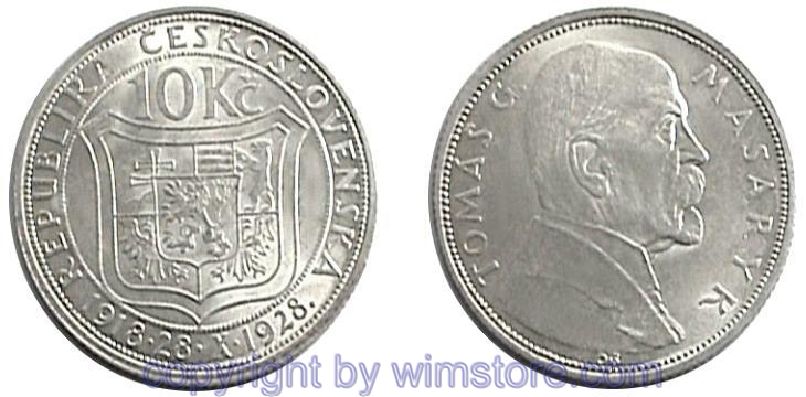 Tschechoslowakei, 10 Korun 1928, Masaryk, KM 12, Silber