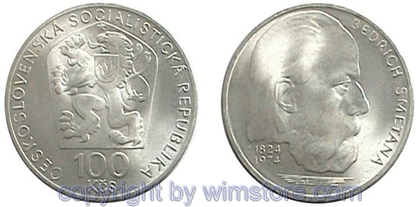 Tschechoslowakei, 100 Korun 1974, Friedrich Smetana, KM 82, Silber