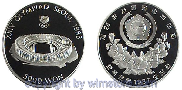 Südkorea, 5000 Won 1987, Stadion, KM 60, Silber, PP, mit Kapsel
