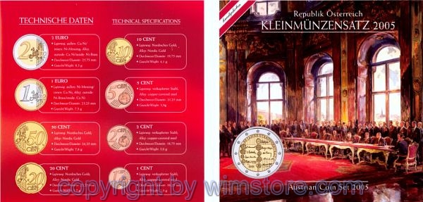 2. Republik, Kursmünzsatz 2005, (8 Werte), 50 Jahre Staatsvertrag, KM MS14, hgh, Blister