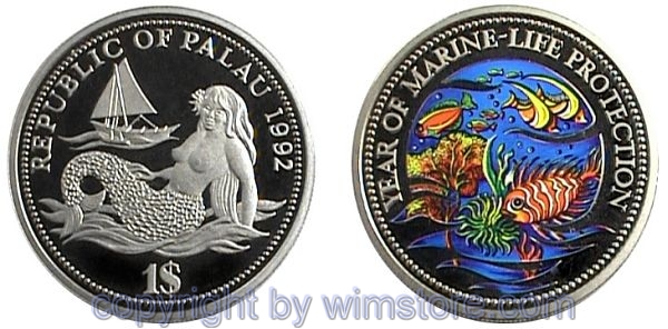 Palau, 1 Dollar 1992, Meerestiere, KM 1, Ku/Ni, PP, mit Kapsel