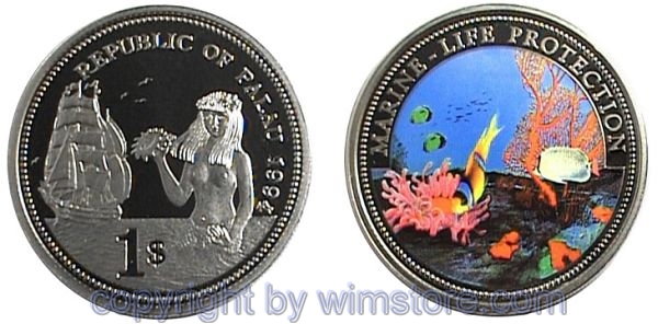 Palau, 1 Dollar 1994, Clownfisch, KM 5, Ku/Ni, PP, mit Kapsel