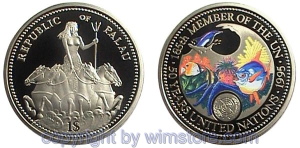 Palau, 1 Dollar 1995, 50 Jahre UNO, KM 14, Ku/Ni, PP, mit Kapsel