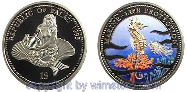 Palau, 1 Dollar 1995, Seepferdchen, KM 11, Ku/Ni, PP, mit Kapsel