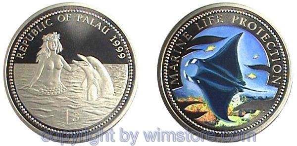 Palau, 1 Dollar 1999, Rochen, KM 35, Ku/Ni, PP, mit Kapsel