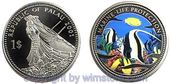 Palau, 1 Dollar 2001, Halterfische, KM 62, Ku/Ni, PP, mit Kapsel