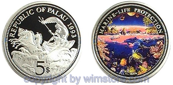Palau, 5 Dollars 1993, Neptun in Muschelquadriga, KM 4, Silber, PP, mit Kapsel