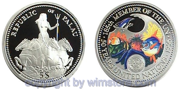 Palau, 5 Dollars 1995, 50 Jahre UNO, KM 15, Silber, PP, mit Kapsel