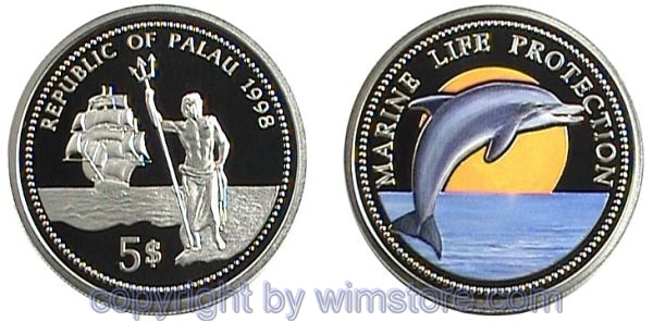 Palau, 5 Dollars 1998, Delphin, KM 44, Silber, PP, mit Kapsel
