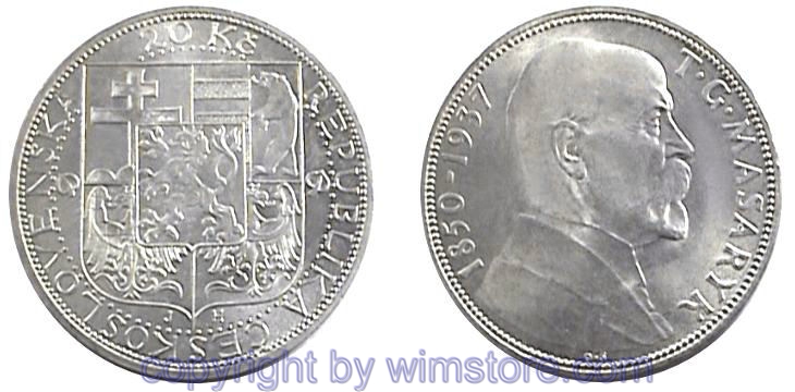 Tschechoslowakei, 20 Korun 1937, Masaryk, KM 18, Silber