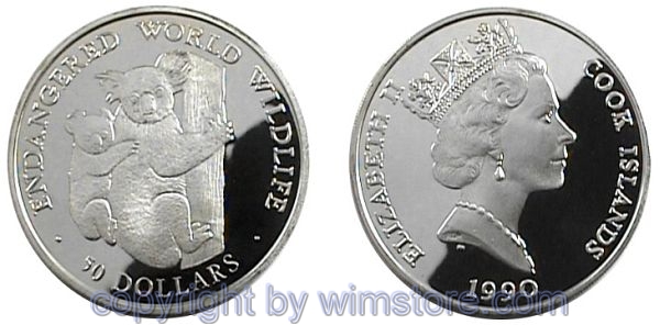 Cook Inseln, 50 Dollars 1990, Koala Bär, KM 57, Silber, PP, mit Kapsel