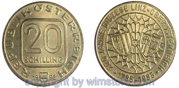 2. Republik, 20 Schilling 1985, 1991 - 1993, Diözese Linz, Al/Ni/Bro