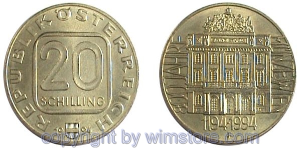 2. Republik, 20 Schilling 1994, 800 Jahre Münzstätte Wien, Al/Ni/Bro