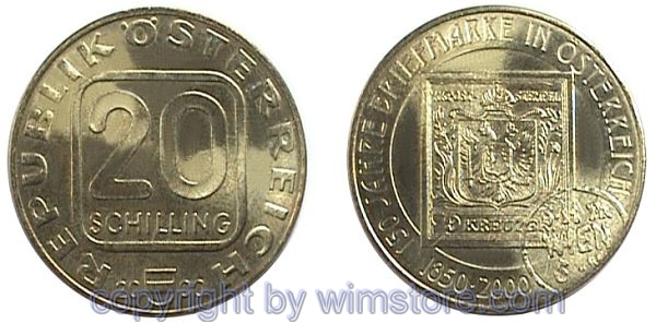2. Republik, 20 Schilling 2000, 150 Jahre Briefmarke, Al/Ni/Bro