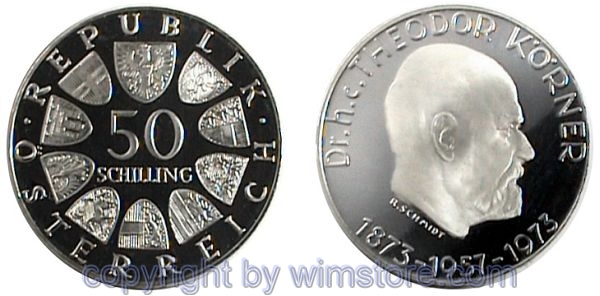 2. Republik, 50 Schilling 1973, Theodor Körner, KM 2917, Silber