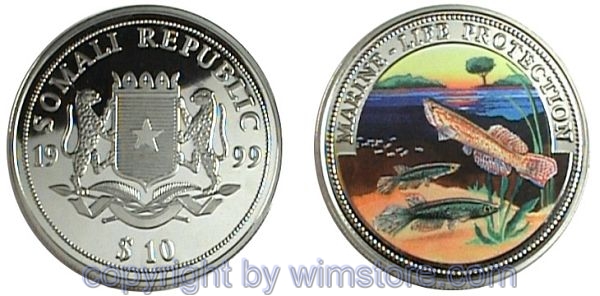 Somalia, 10 Dollars 1999, Fische, Pseudo, Ku/Ni, PP, mit Kapsel