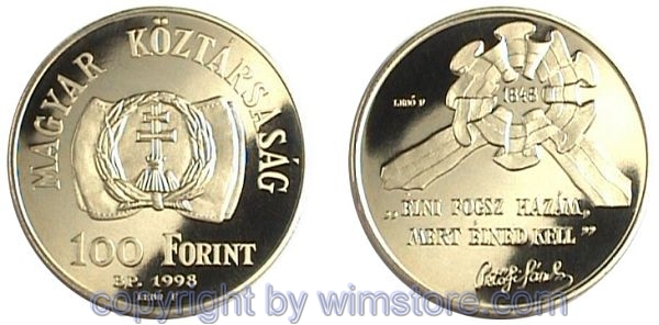 Ungarn, 100 Forint 1998, 150. Jahrestag der Revolution, KM 726, Bronze