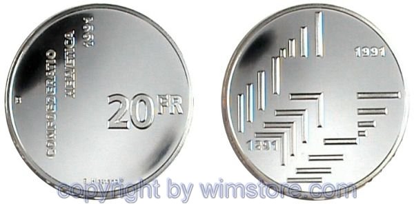 Schweiz, 20 Franken 1991, 700 Jahre Eidgenossenschaft, KM 70, Silber