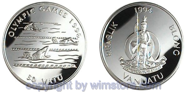Vanuatu, 50 Vatu 1994, Schwimmen, KM 24, Silber, PP, mit Kapsel