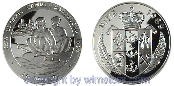Niue, 50 Dollars 1989, Sommer Olympiade 1992 in Barcelona - Zweier Ruderer, KM 27, Silber, PP, mit Kapsel