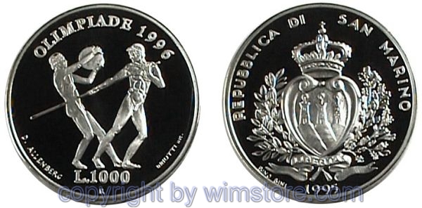 San Marino, 1000 Lire 1995, 2 Athleten, KM 332, Silber, PP, mit Kapsel