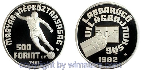 Ungarn, 500 Forint 1981, XII. Fussball WM 82 in Spanien - 1 Spieler, KM 624, Silber