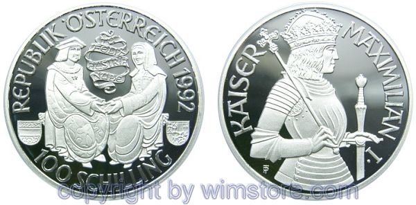 2. Republik, 100 Schilling 1992, Maximilian I., Silber