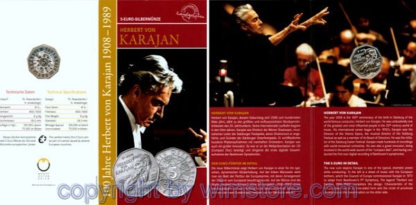 2. Republik, 5 Euro 2008, Herbert von Karajan, Silber, handgehoben, Blister