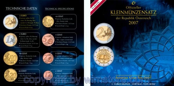 2. Republik, Kursmünzsatz 2007, (8 Werte), Römische Verträge, KM MS16, hgh, Blister